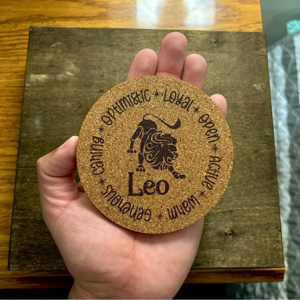 Leo Zodiac Sign Encircled Laser Engraved Cork Coaster